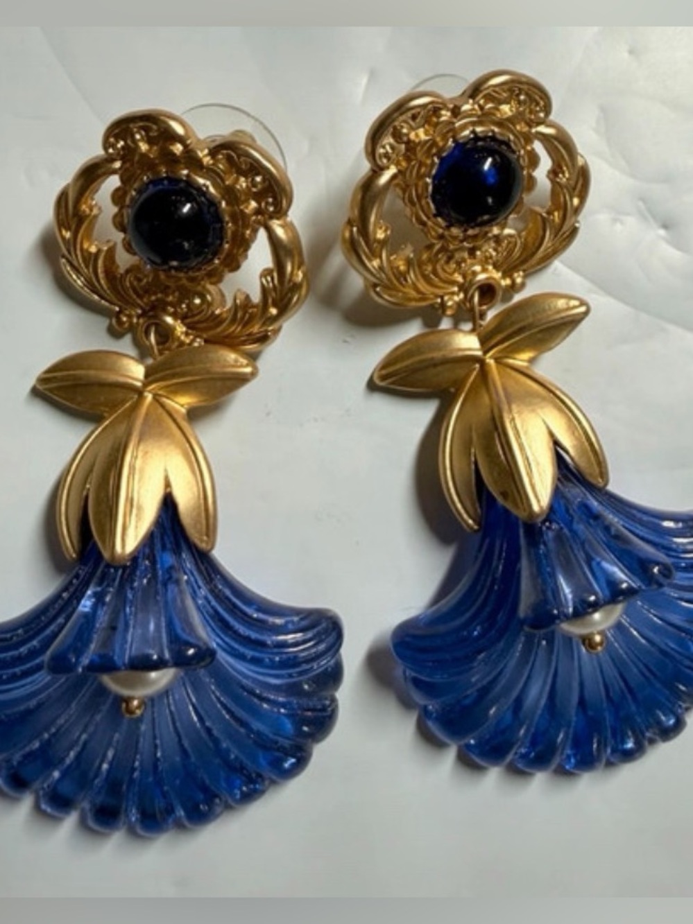 Vintage KJL Blue Morning Glory Trumpet Flower Earrings – Rare Original Pierced